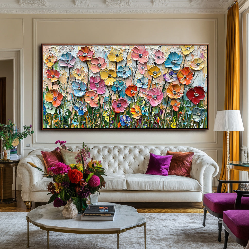 Colorful horizontal textured floral painting with blooming flowers and thick palette-knife strokes.