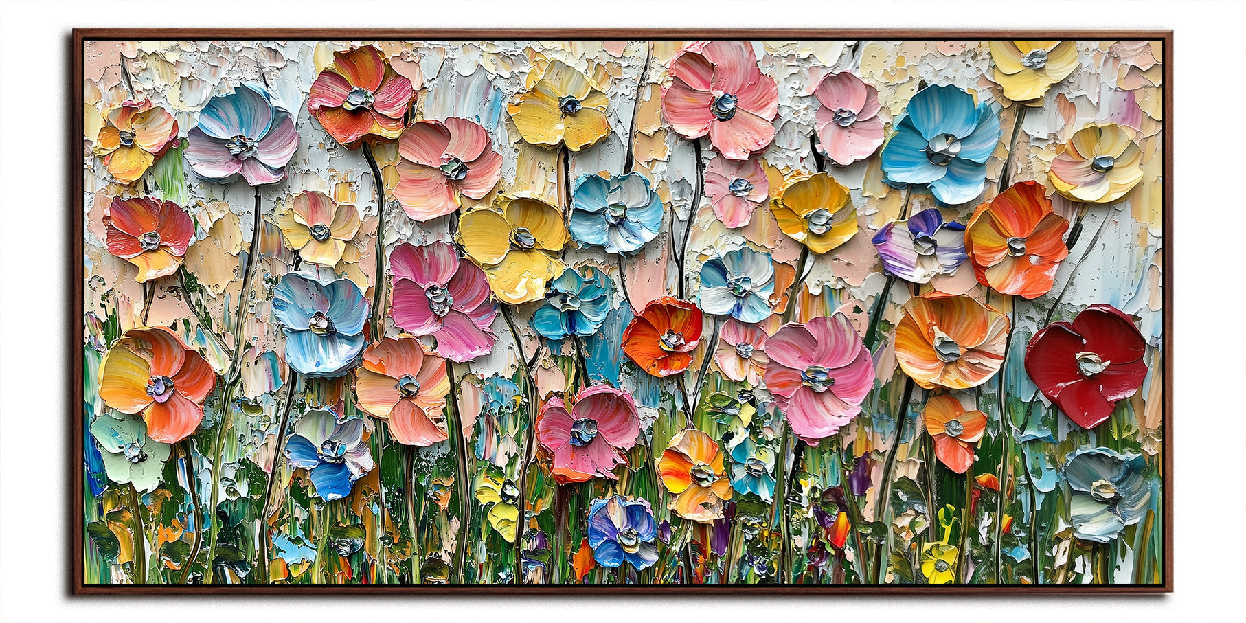 Colorful horizontal textured floral painting with blooming flowers and thick palette-knife strokes.