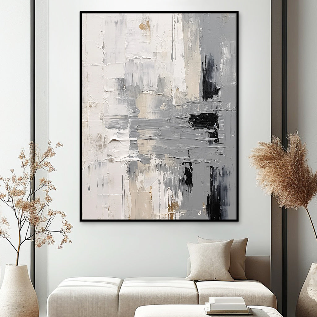 Minimalist textured abstract painting with layered brushstrokes in neutral tones, perfect for modern home decor.