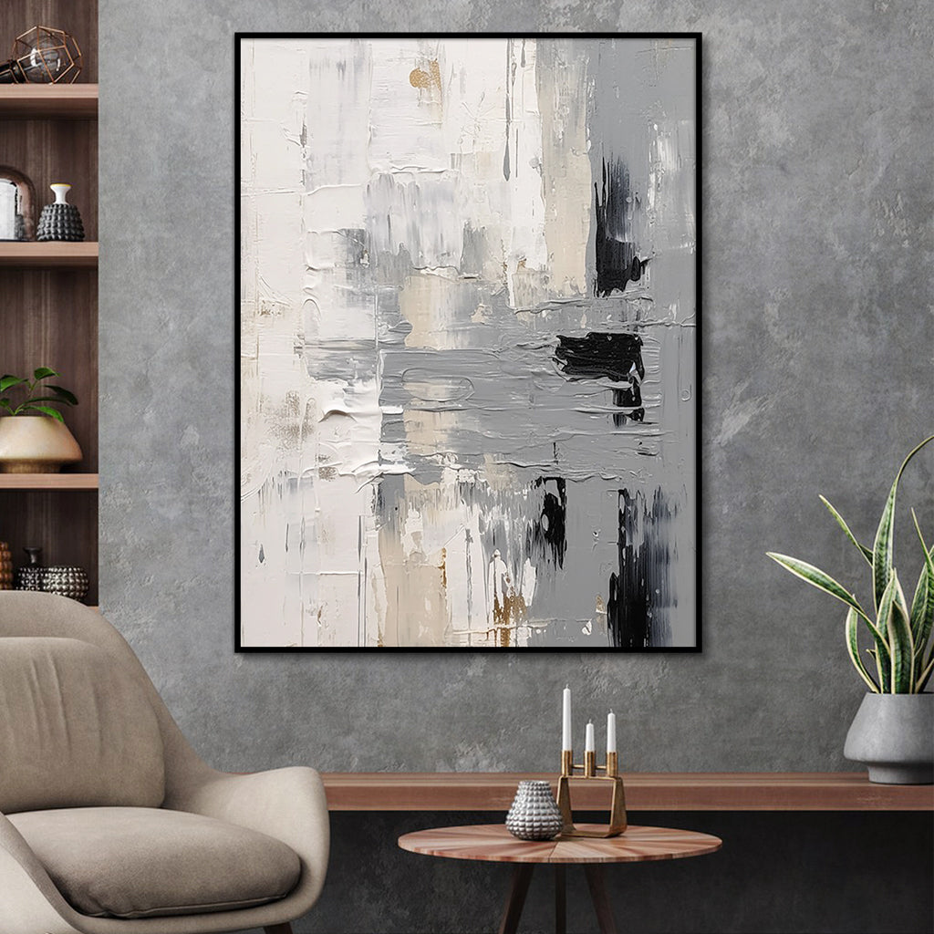 Minimalist textured abstract painting with layered brushstrokes in neutral tones, perfect for modern home decor.