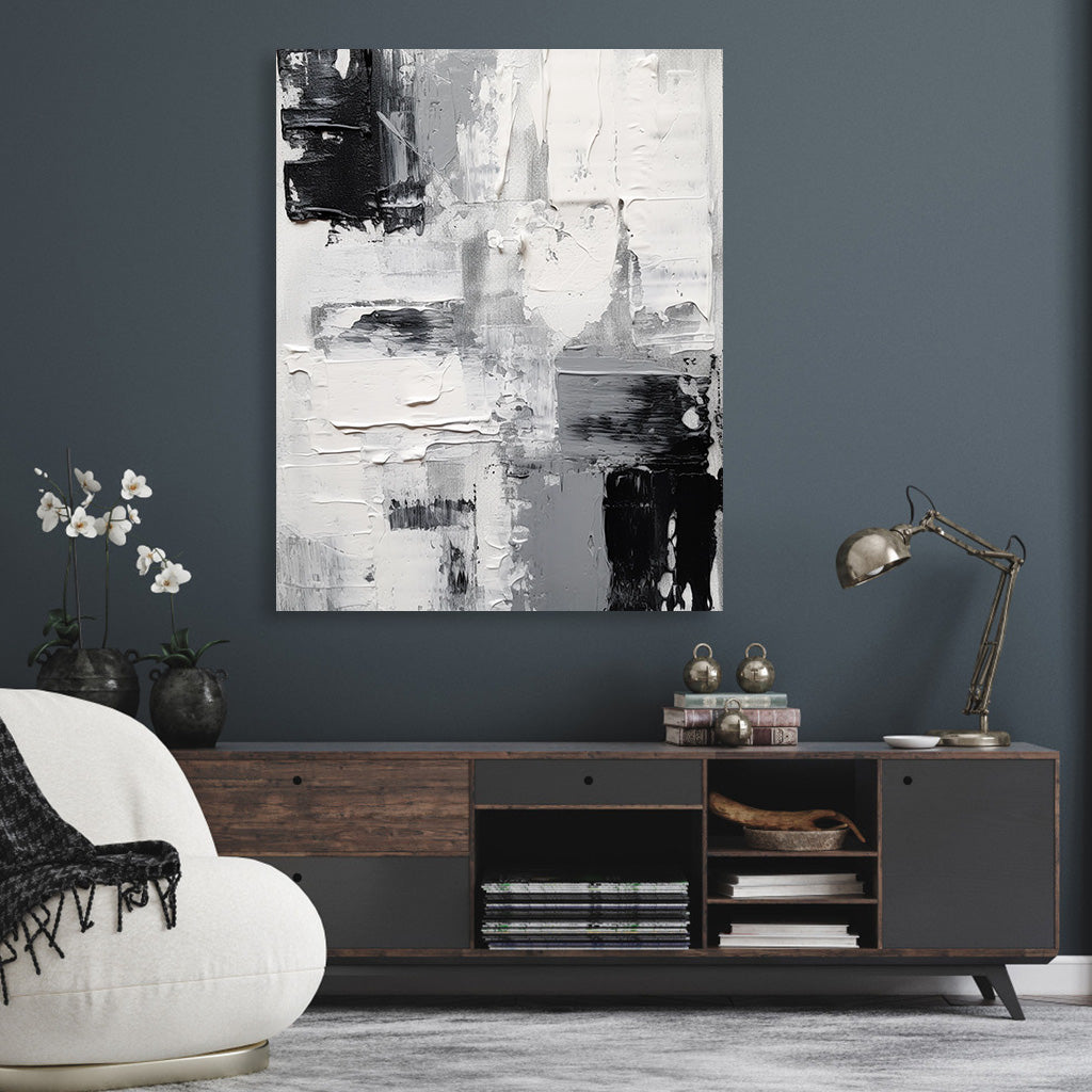 Minimalist abstract painting in black, white, and gray tones with thick texture for modern home decor.