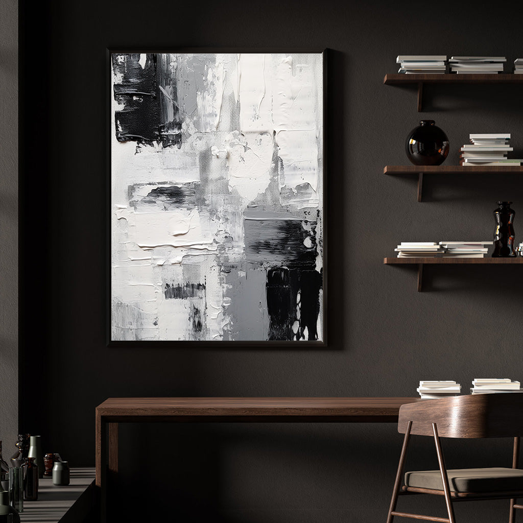 Minimalist abstract painting in black, white, and gray tones with thick texture for modern home decor.