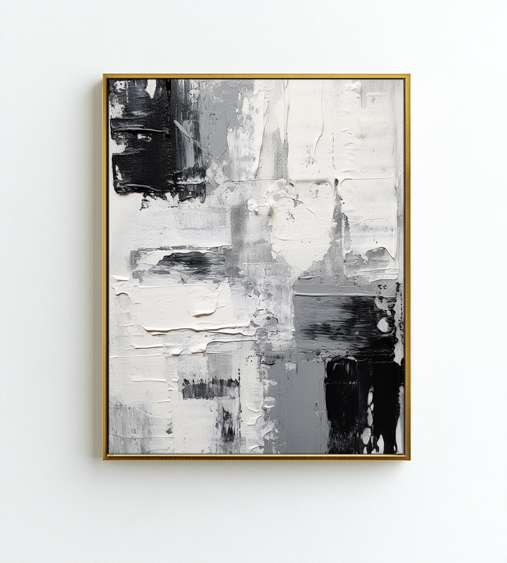 Minimalist abstract painting in black, white, and gray tones with thick texture for modern home decor.