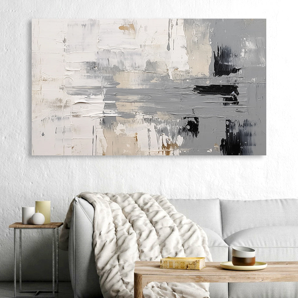 Horizontal minimalist textured abstract painting in neutral gray and beige tones for modern wall decor.
