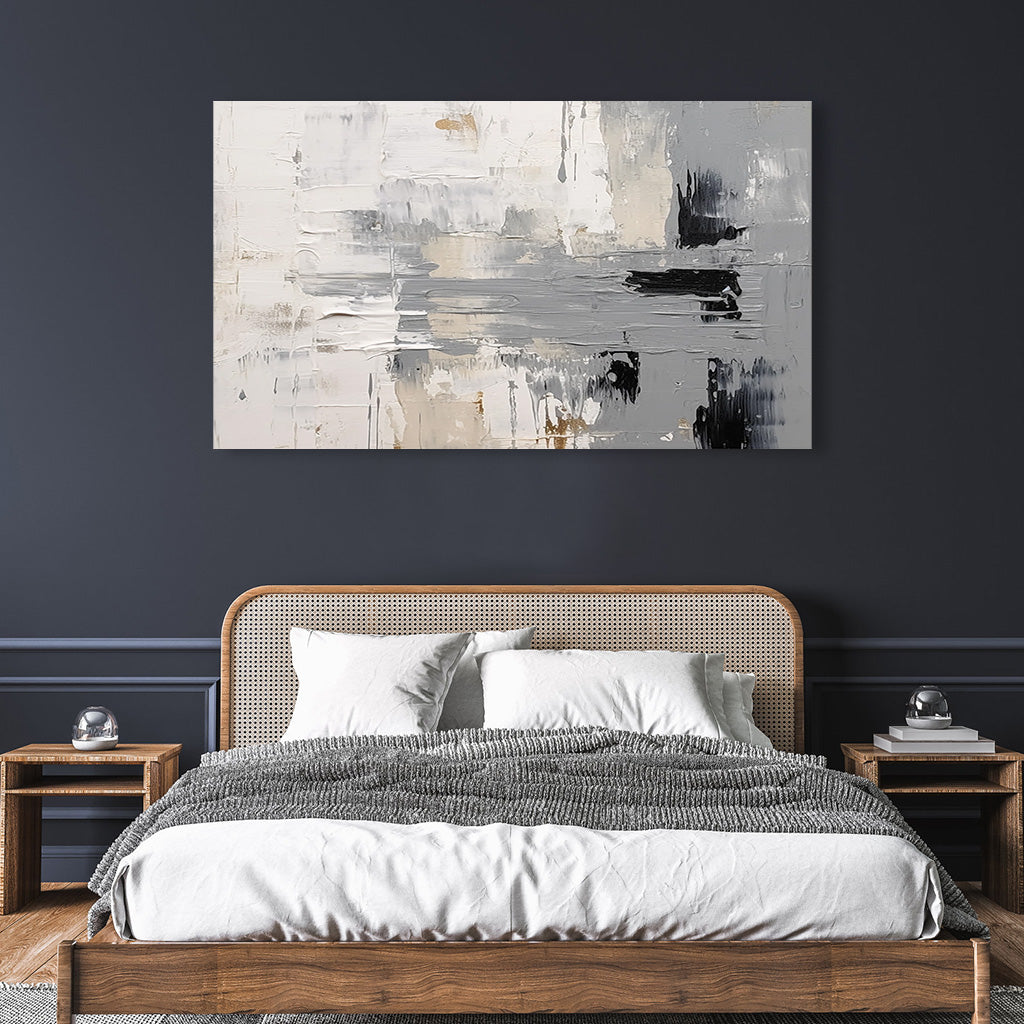 Horizontal minimalist textured abstract painting in neutral gray and beige tones for modern wall decor.
