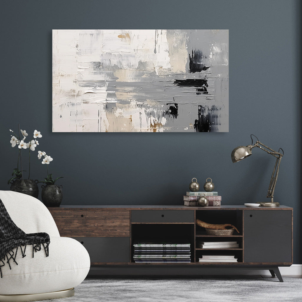 Horizontal minimalist textured abstract painting in neutral gray and beige tones for modern wall decor.