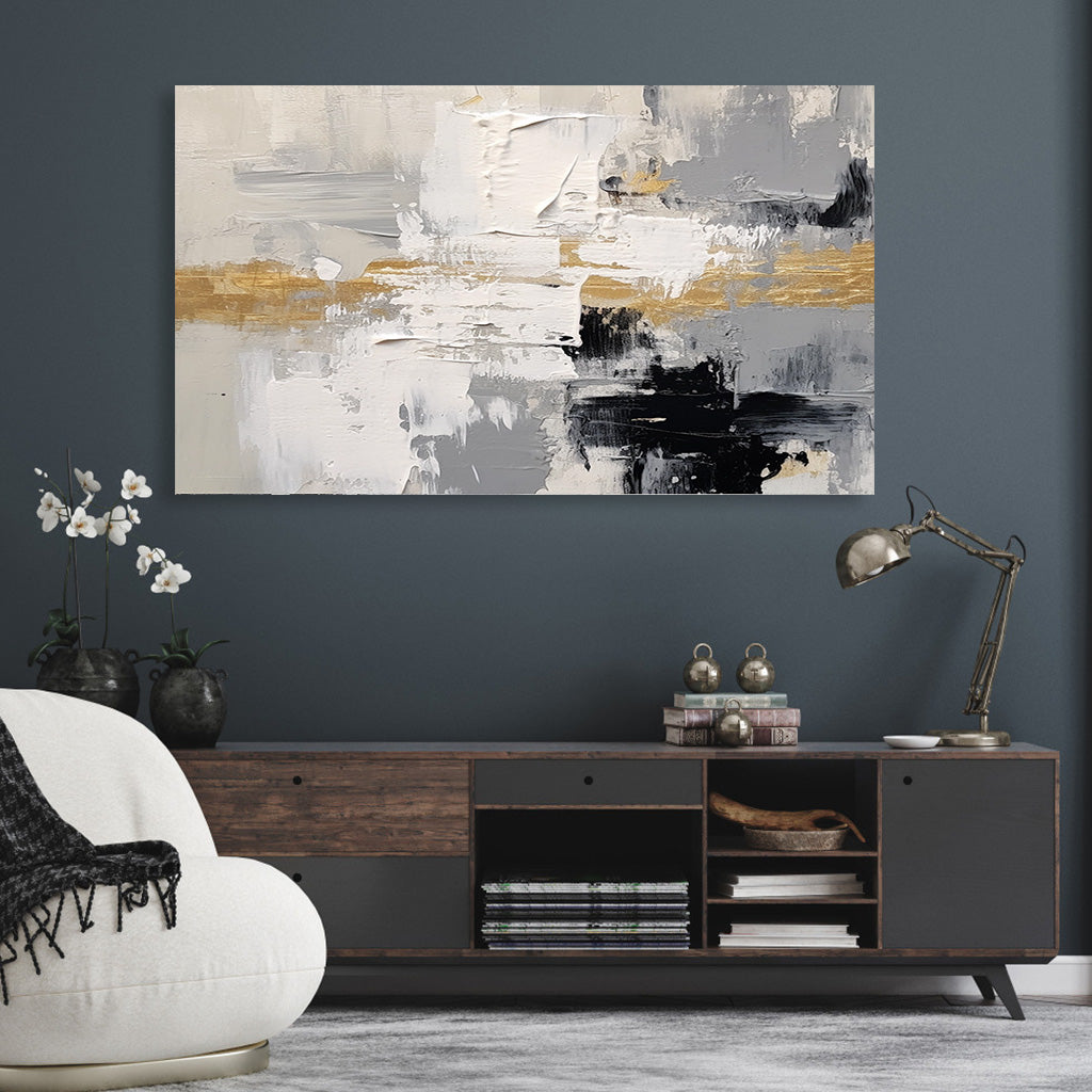 Horizontal abstract painting with golden accent, layered textures, and neutral tones for modern minimalist wall decor.