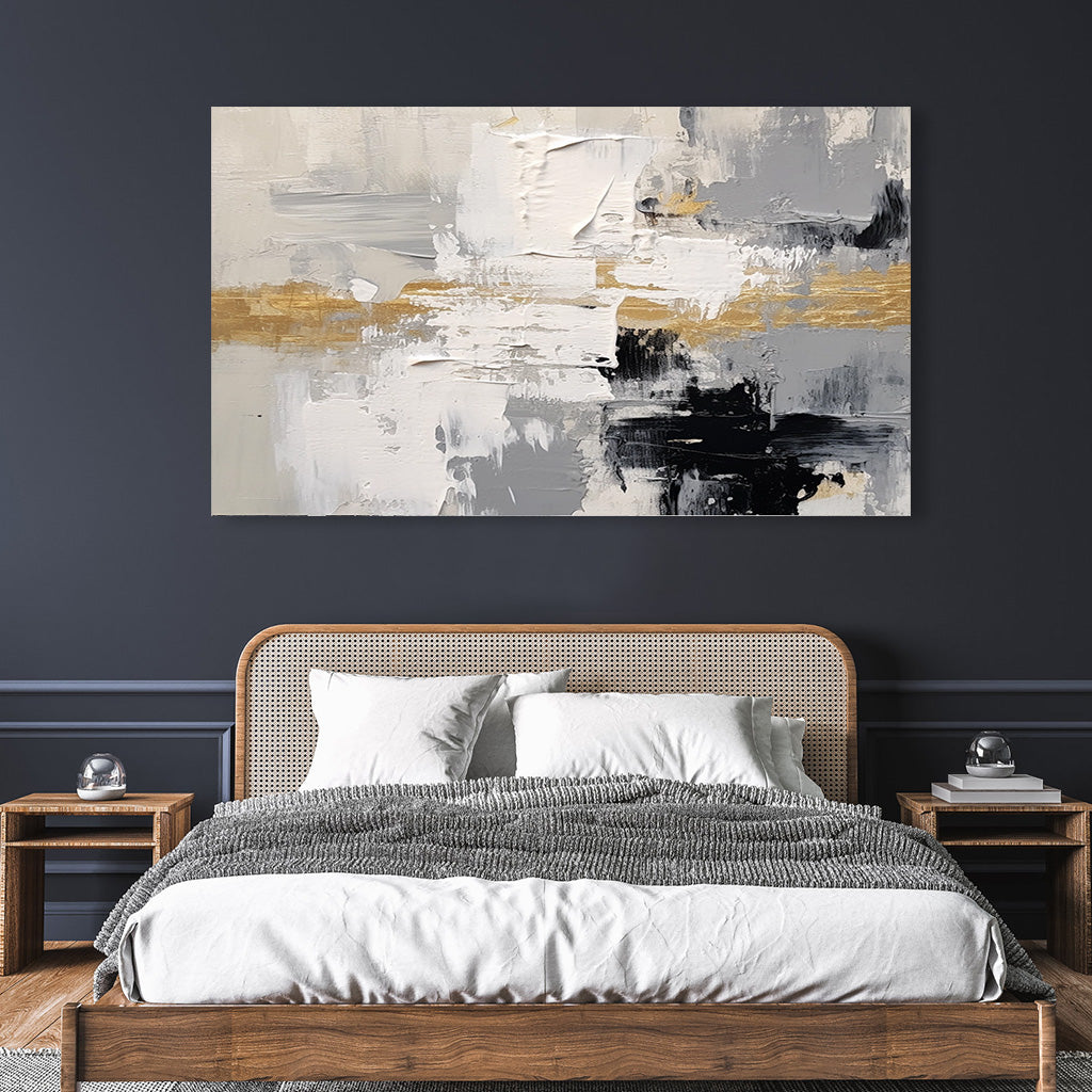 Horizontal abstract painting with golden accent, layered textures, and neutral tones for modern minimalist wall decor.
