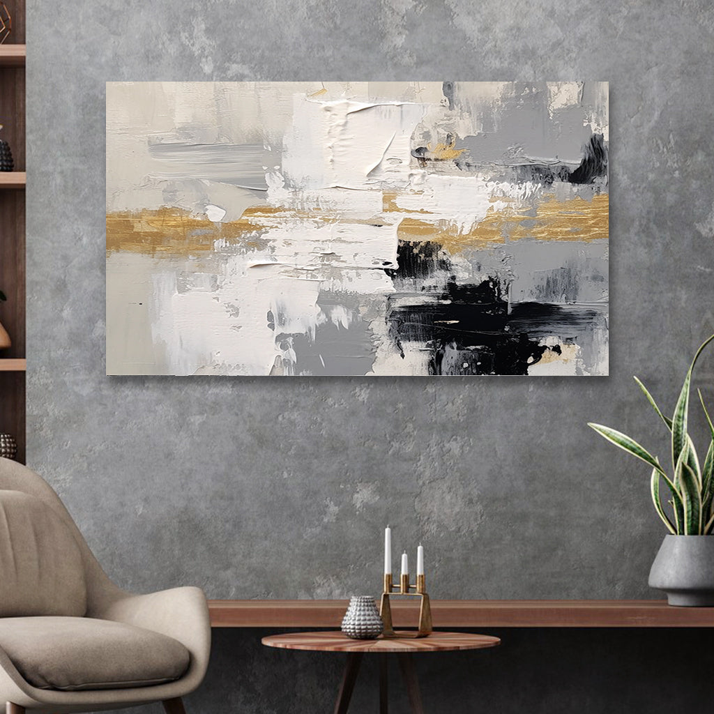 Horizontal abstract painting with golden accent, layered textures, and neutral tones for modern minimalist wall decor.