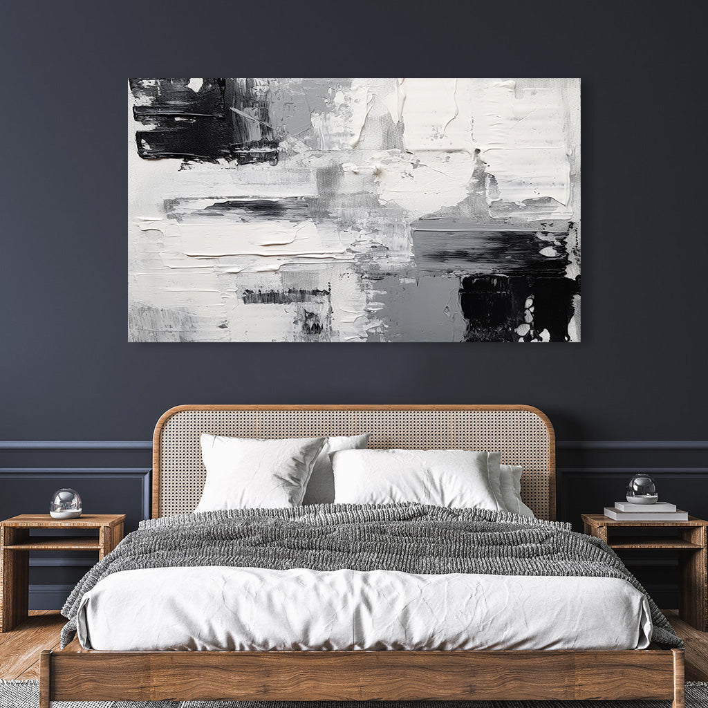 Horizontal abstract painting in black, white, and gray texture for minimalist wall décor.
