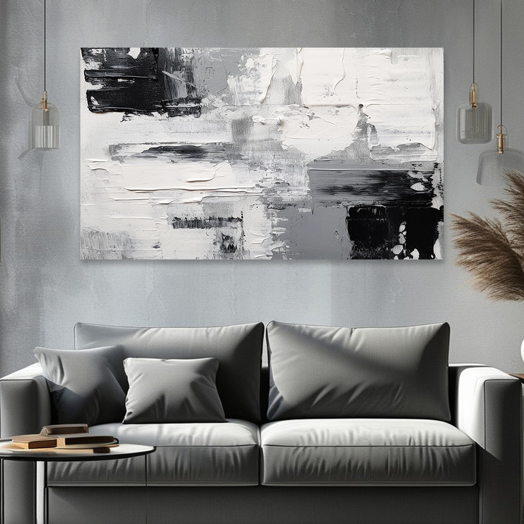 Horizontal abstract painting in black, white, and gray texture for minimalist wall décor.