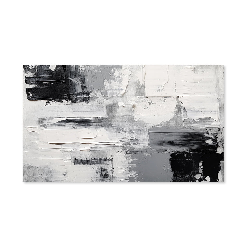 Horizontal abstract painting in black, white, and gray texture for minimalist wall décor.
