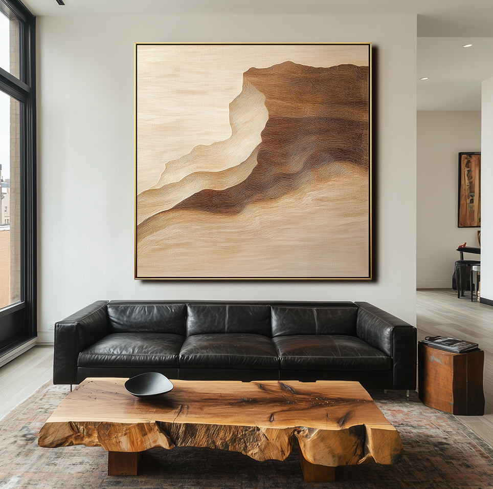 Textured canyon-style abstract painting in soft beige and earthy tones with flowing natural patterns.