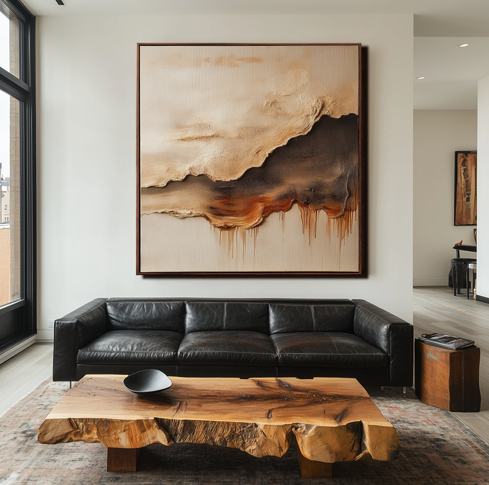 Abstract textured landscape painting in earthy tones with fluid shapes and drips
