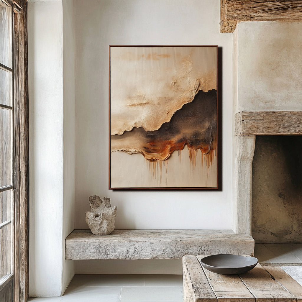 Abstract textured landscape painting in earthy tones with fluid shapes and drips