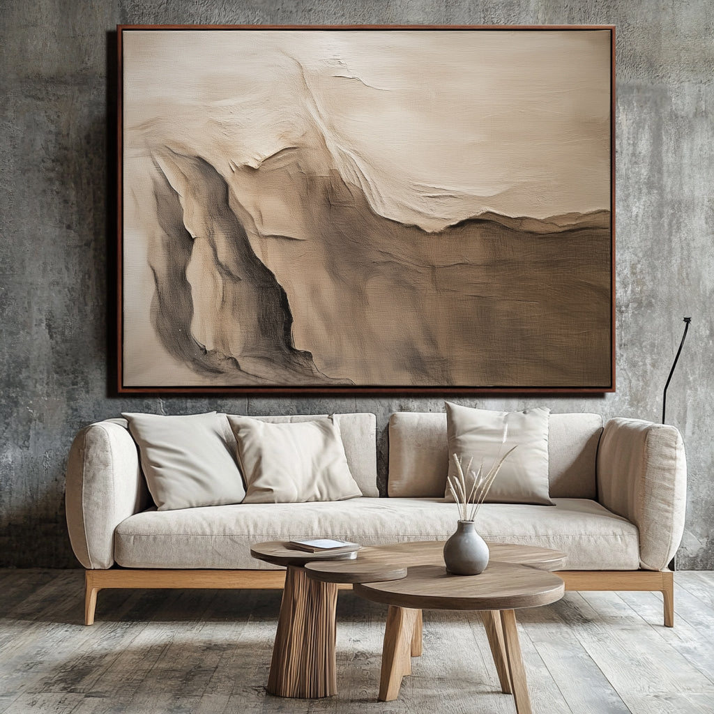 Horizontal textured abstract art in soft earth tones inspired by canyon cliffs and natural rock layers.
