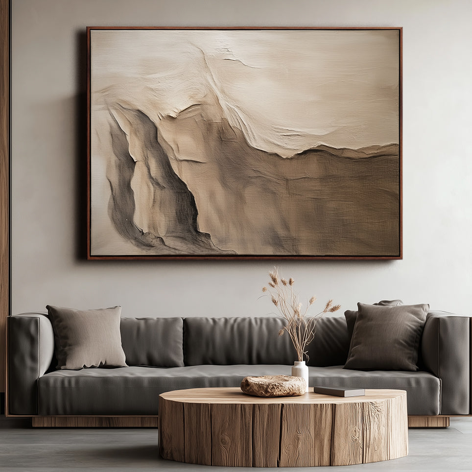 Horizontal textured abstract art in soft earth tones inspired by canyon cliffs and natural rock layers.