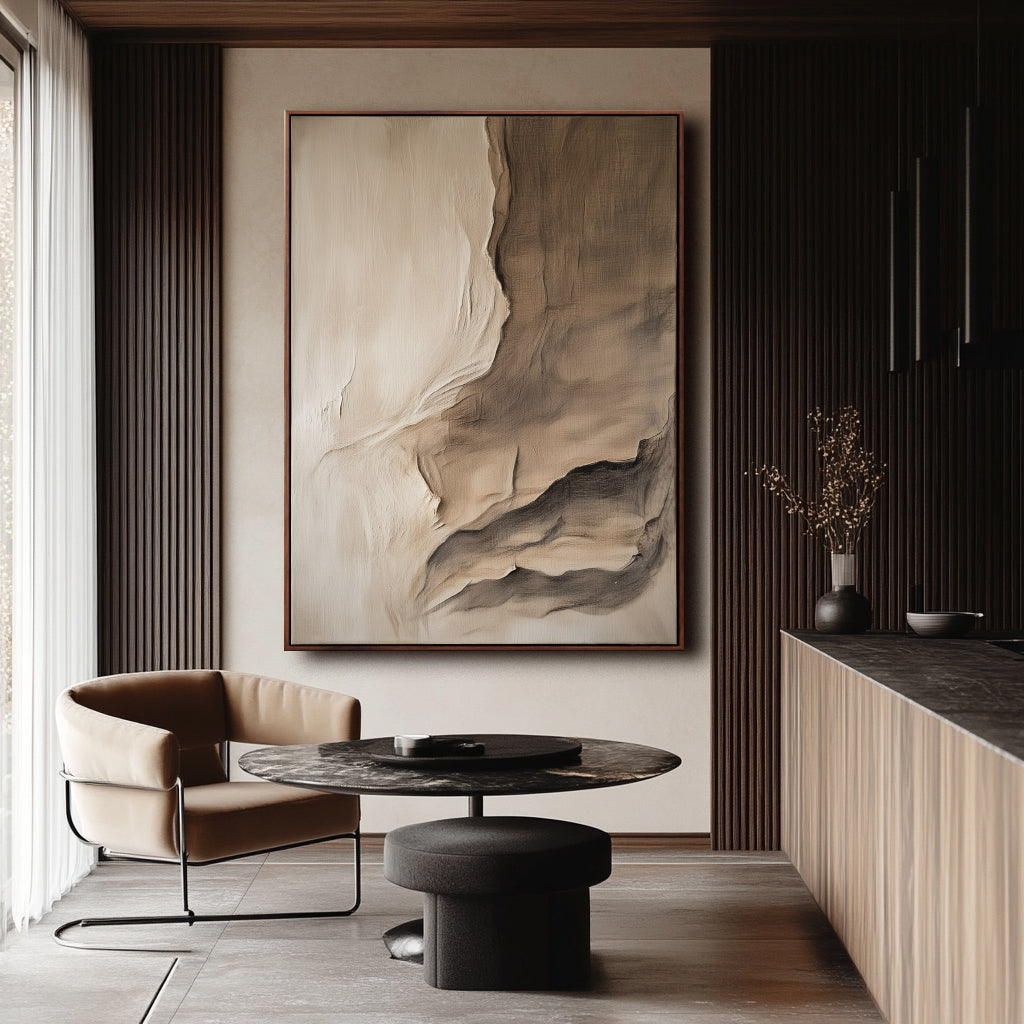 Horizontal textured abstract art in soft earth tones inspired by canyon cliffs and natural rock layers.