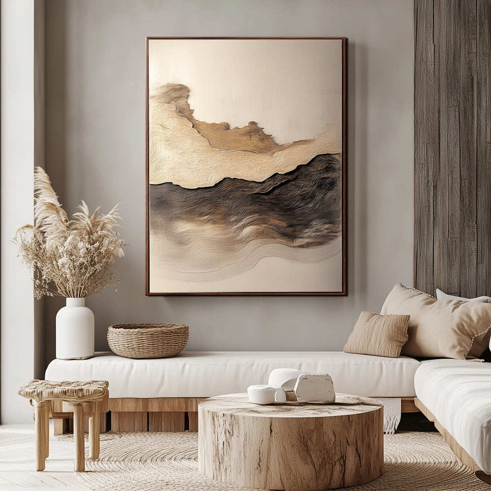 Vertical textured abstract painting in earth tones with canyon-like and wave-like natural forms.