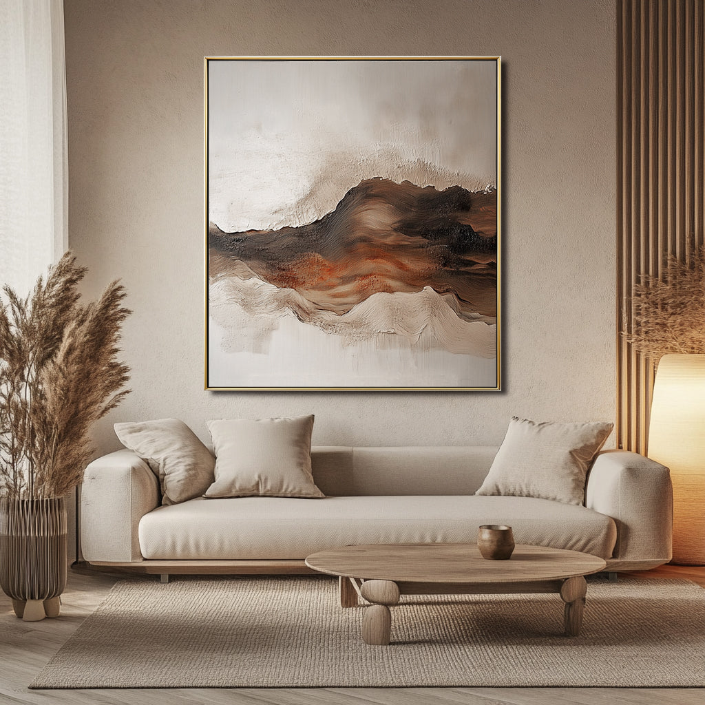 Warm earth-toned textured abstract artwork with canyon-like forms and ember-inspired colors.