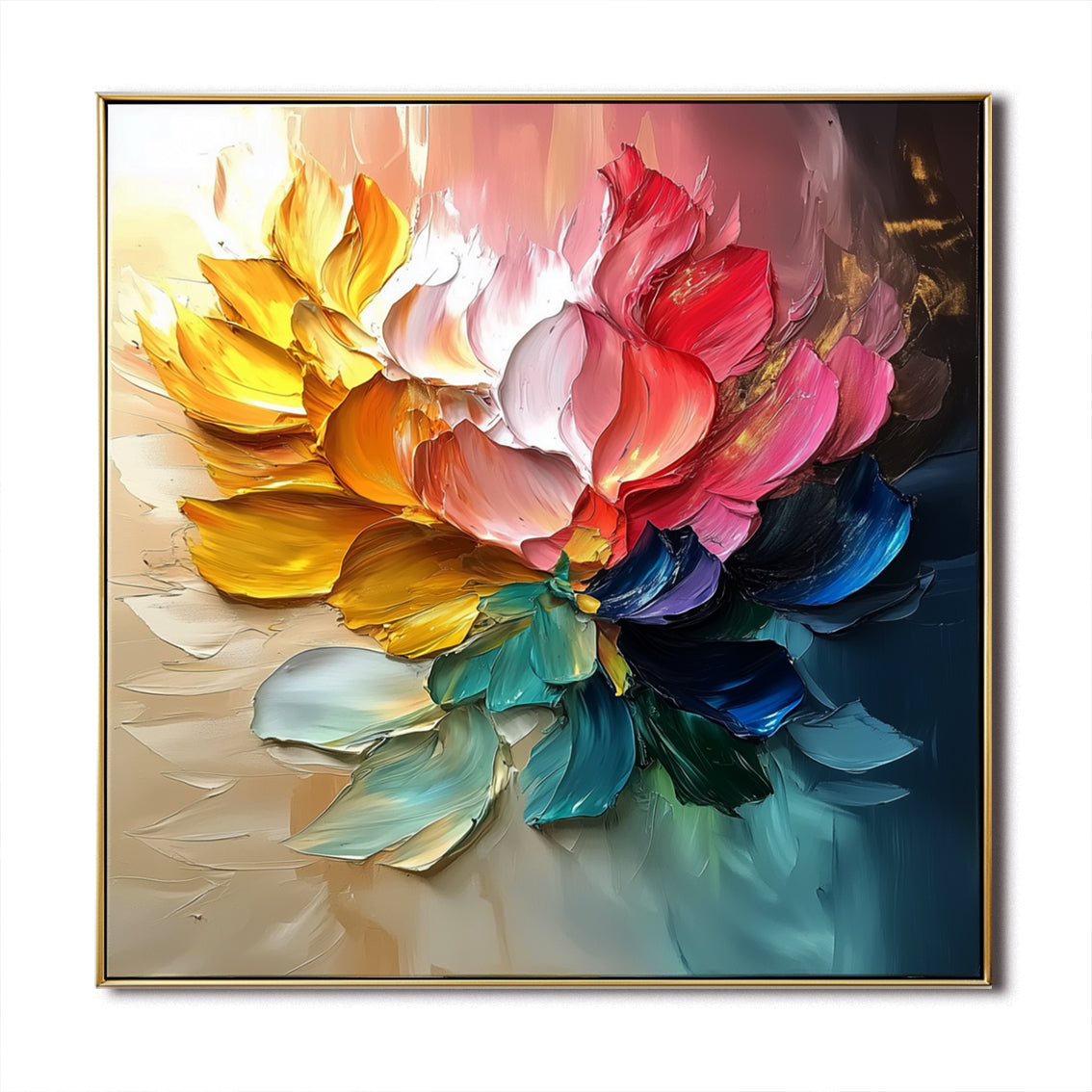 Colorful textured floral painting with rainbow petals and bold palette knife strokes.