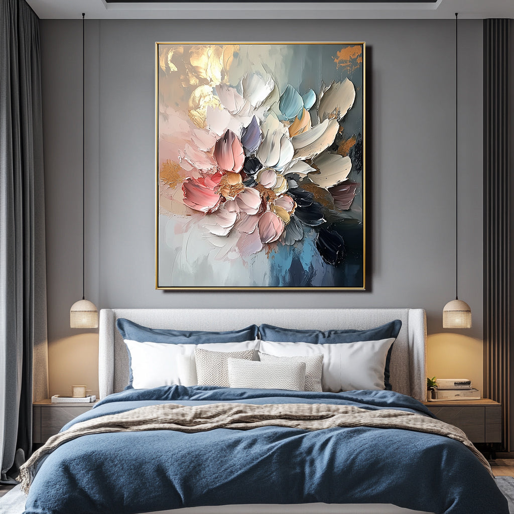 Modern textured floral painting with thick petals in pastel and deep tones for elegant home décor.