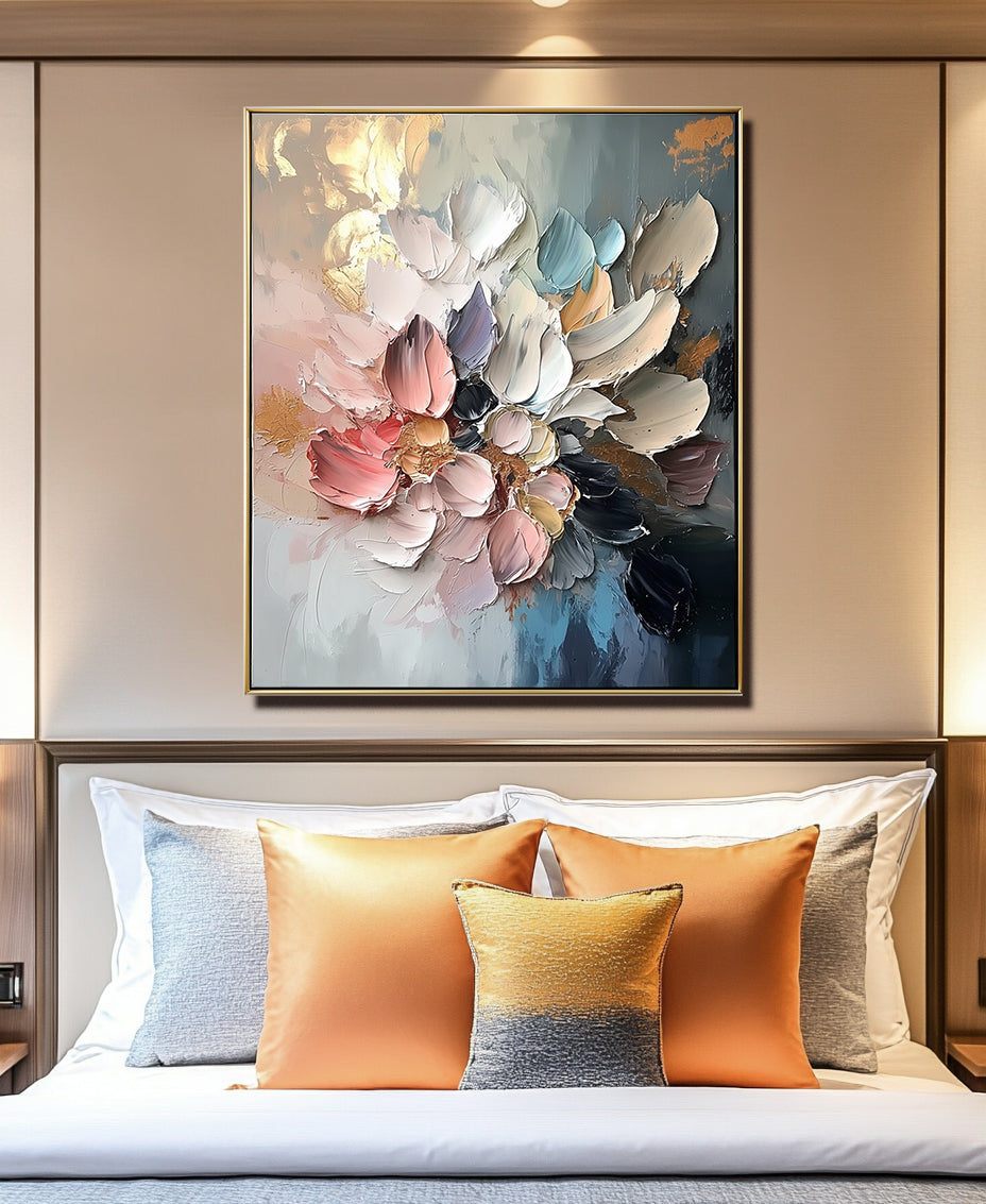Modern textured floral painting with thick petals in pastel and deep tones for elegant home décor.