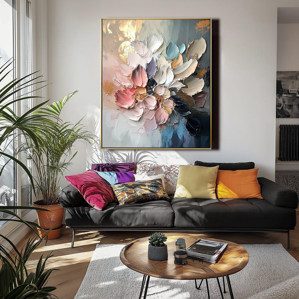 Modern textured floral painting with thick petals in pastel and deep tones for elegant home décor.