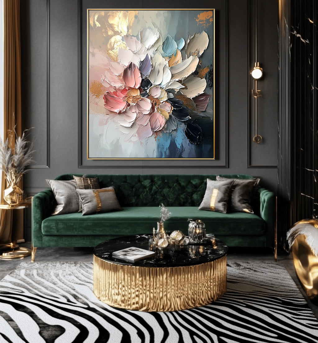 Modern textured floral painting with thick petals in pastel and deep tones for elegant home décor.