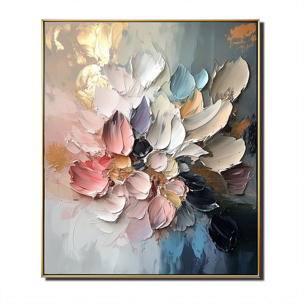 Modern textured floral painting with thick petals in pastel and deep tones for elegant home décor.
