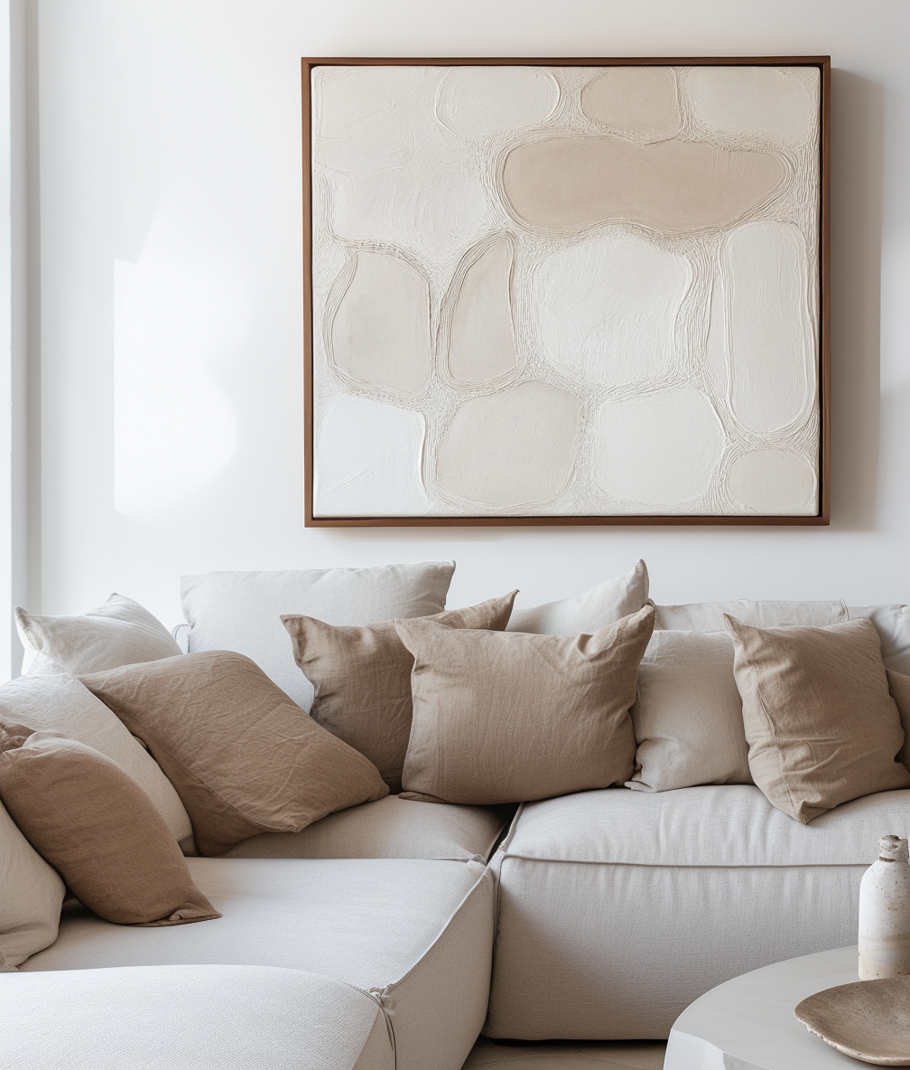 Minimalist abstract impasto art in soft beige and white tones with textured, flowing shapes creating a serene and elegant design.