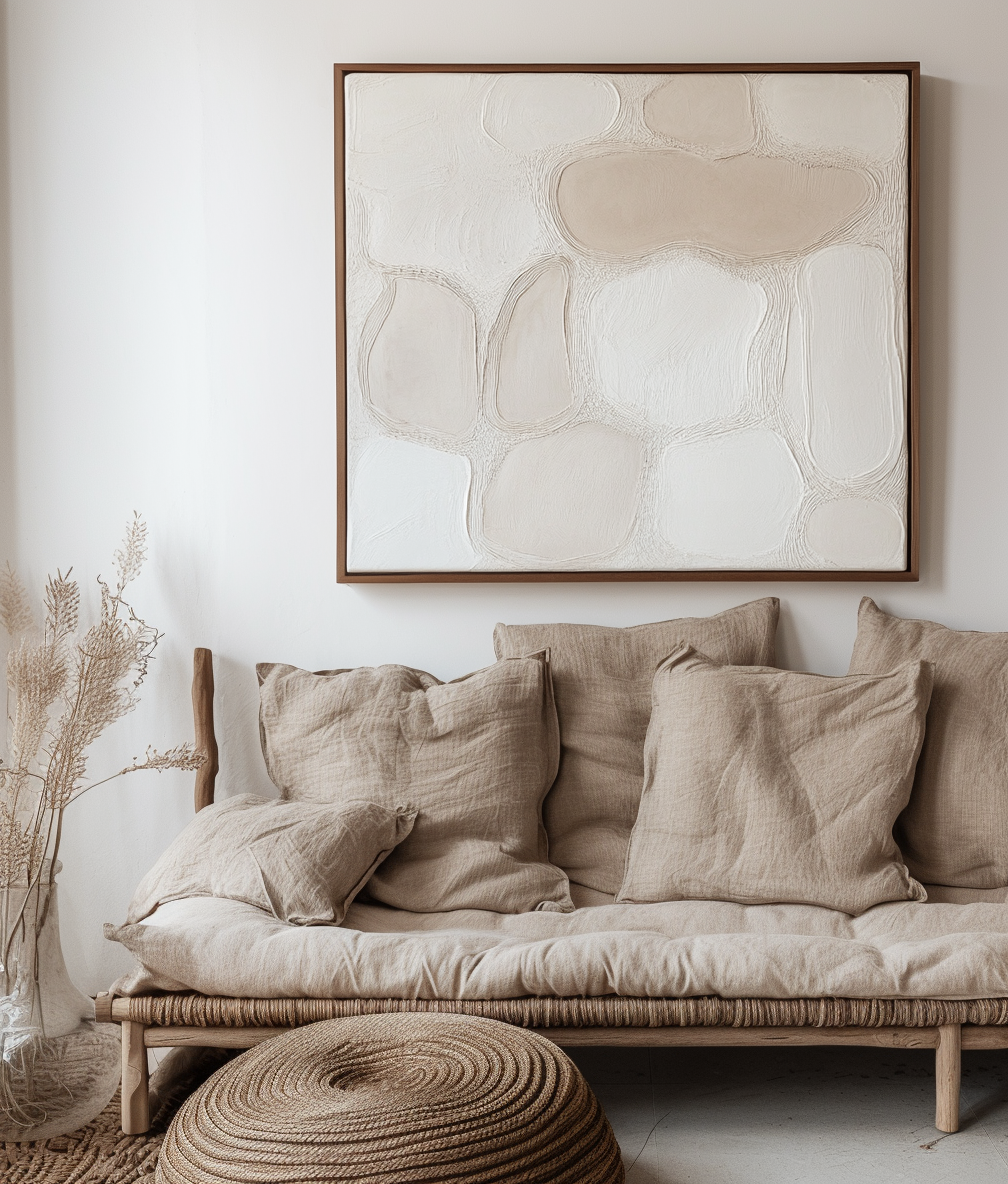 Minimalist abstract impasto art in soft beige and white tones with textured, flowing shapes creating a serene and elegant design.