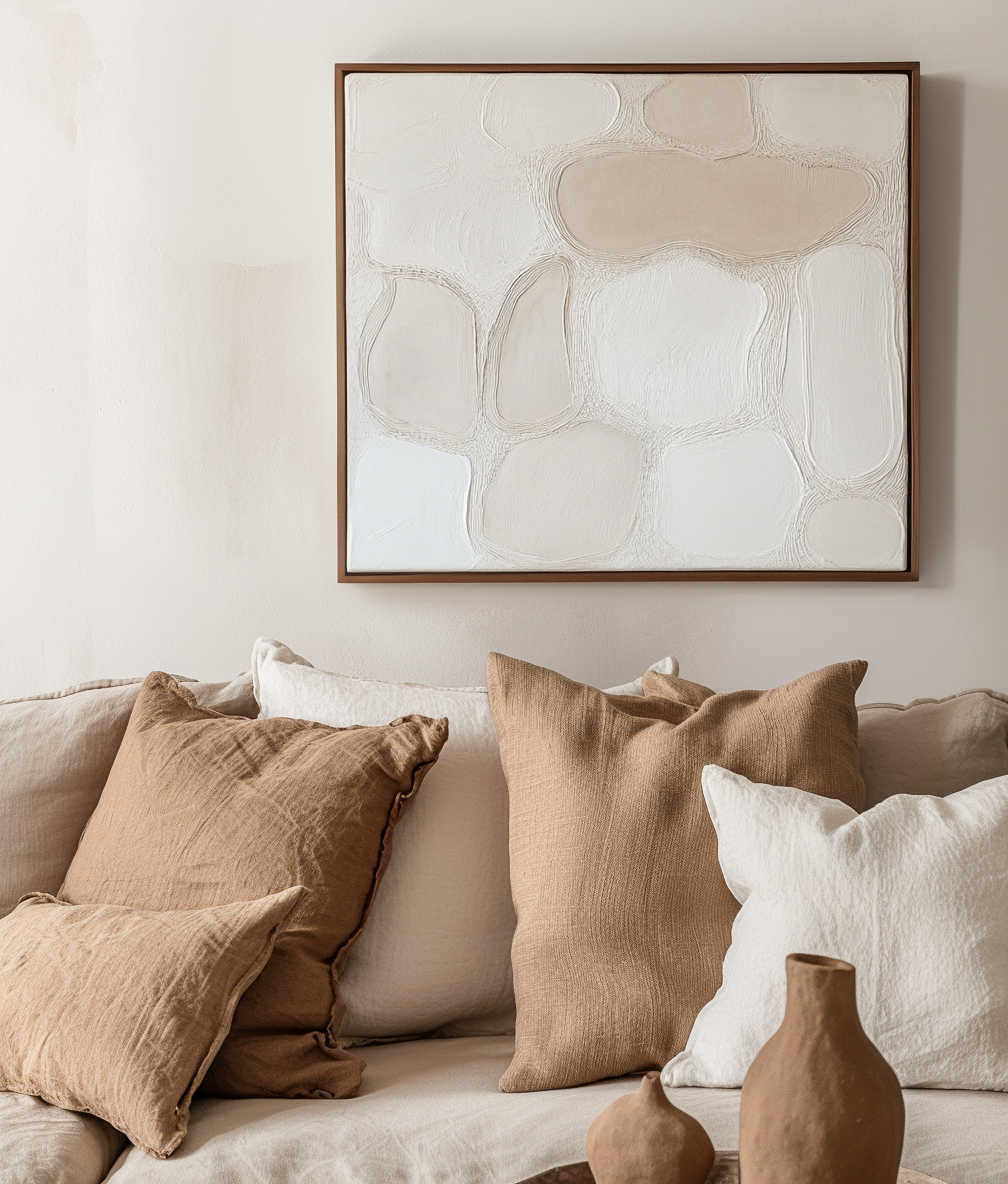 Minimalist abstract impasto art in soft beige and white tones with textured, flowing shapes creating a serene and elegant design.