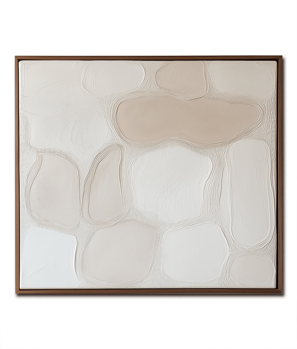 Minimalist abstract impasto art in soft beige and white tones with textured, flowing shapes creating a serene and elegant design.