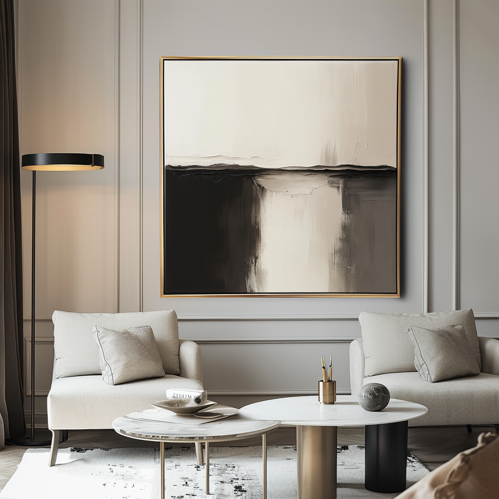 Minimalist abstract impasto painting in black and white with smooth textures and a serene landscape design.