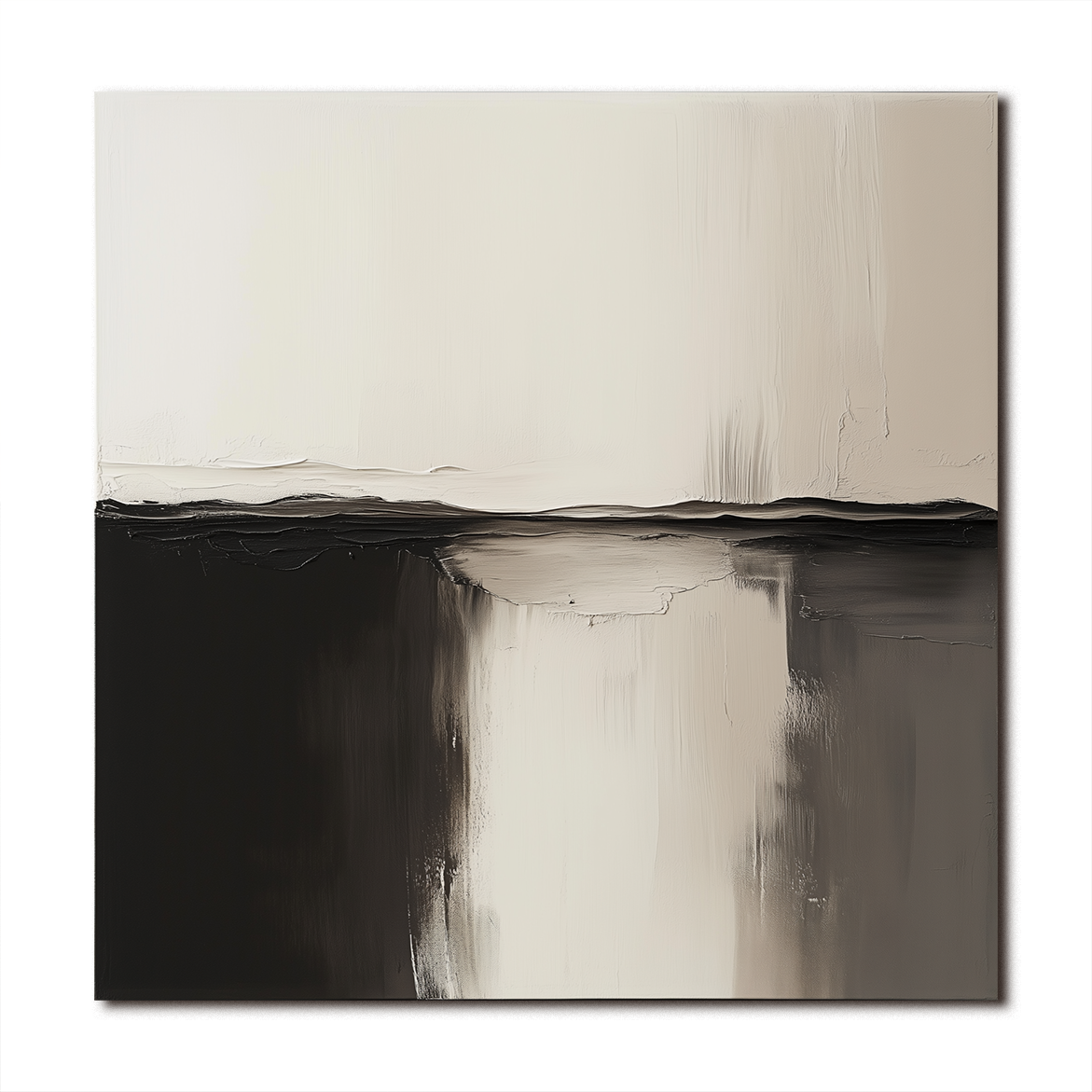 Minimalist abstract impasto painting in black and white with smooth textures and a serene landscape design.