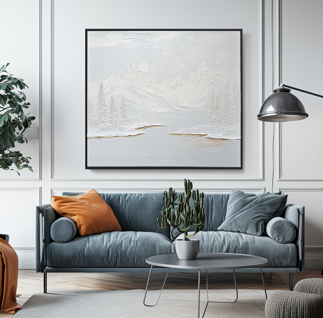 Textured winter mountain landscape with snow-covered peaks, pine trees, and a frozen lake, in white, gray, and golden accents.