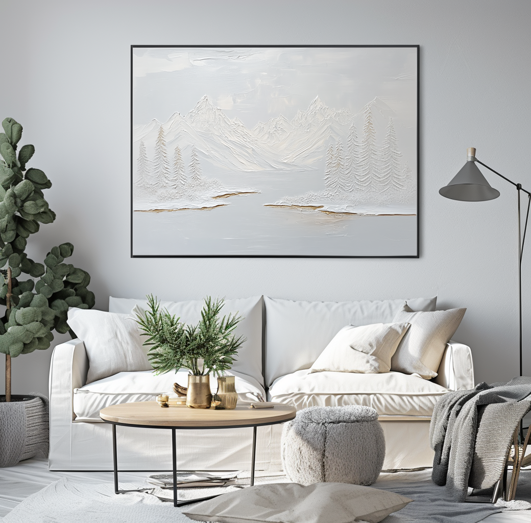 Impressionistic winter landscape with snow-covered mountains, pine trees, and a calm lake, using soft gray and white tones with golden accents.