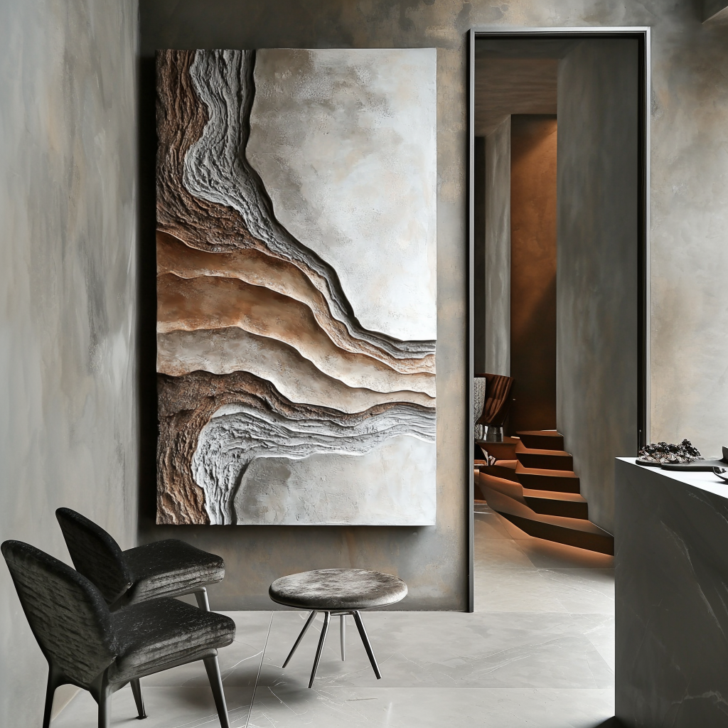 Vertical earth-layer textured abstract art with canyon-like natural forms in neutral tones.