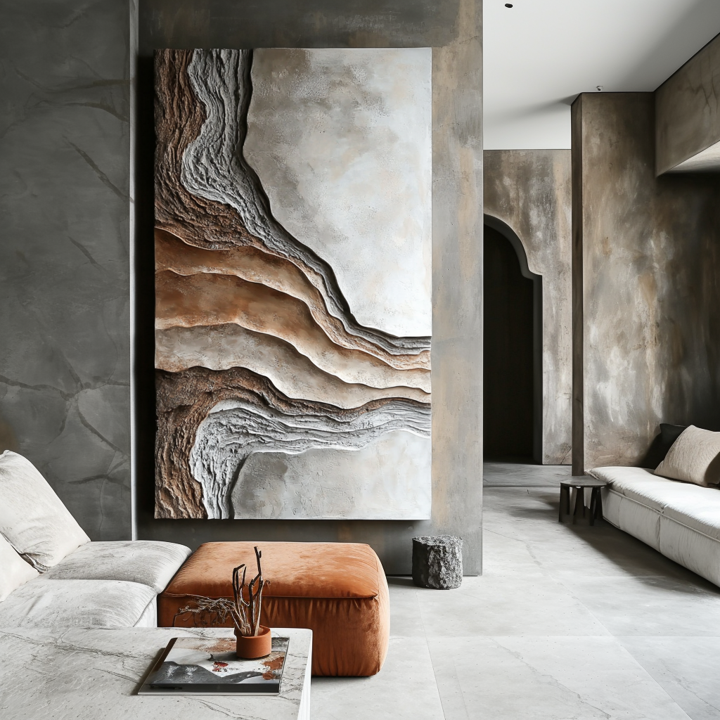 Vertical earth-layer textured abstract art with canyon-like natural forms in neutral tones.