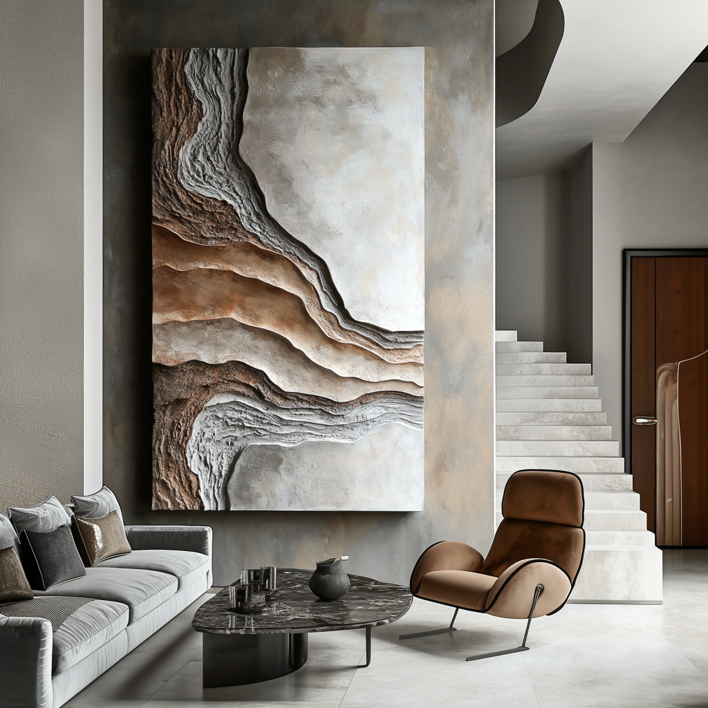 Vertical earth-layer textured abstract art with canyon-like natural forms in neutral tones.