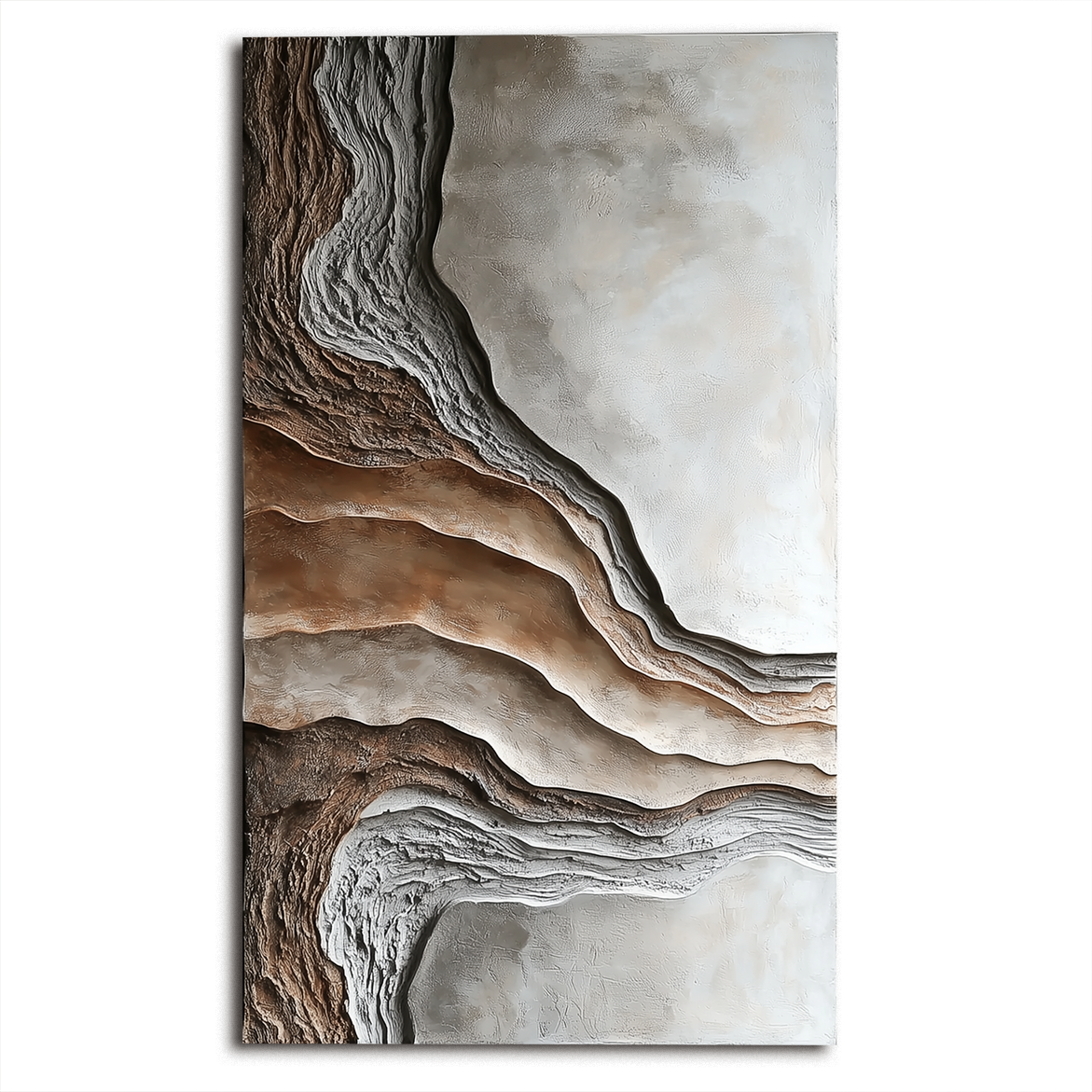 Vertical earth-layer textured abstract art with canyon-like natural forms in neutral tones.
