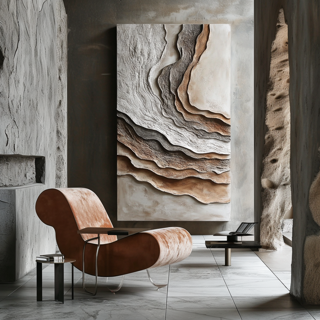 Vertical textured abstract wall art with layered earth-inspired canyon shapes in neutral tones.
