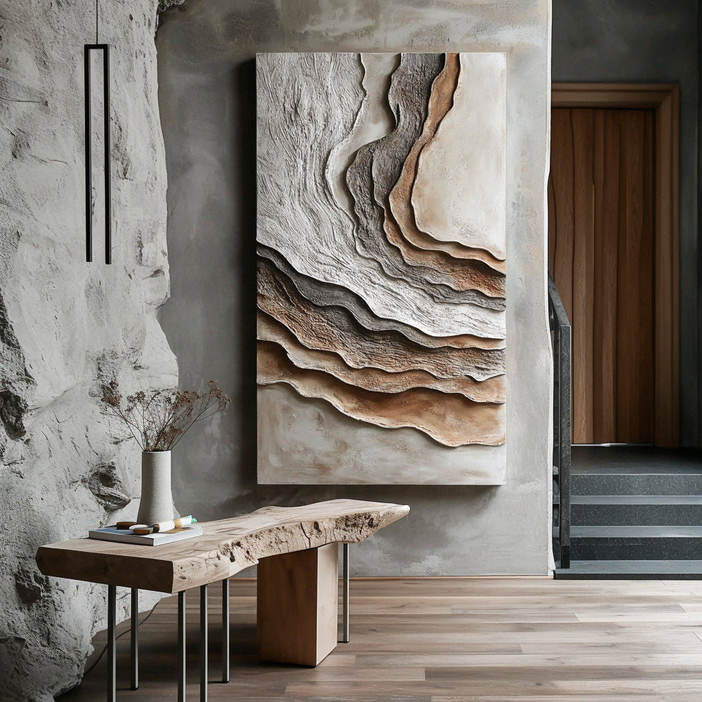 Vertical textured abstract wall art with layered earth-inspired canyon shapes in neutral tones.