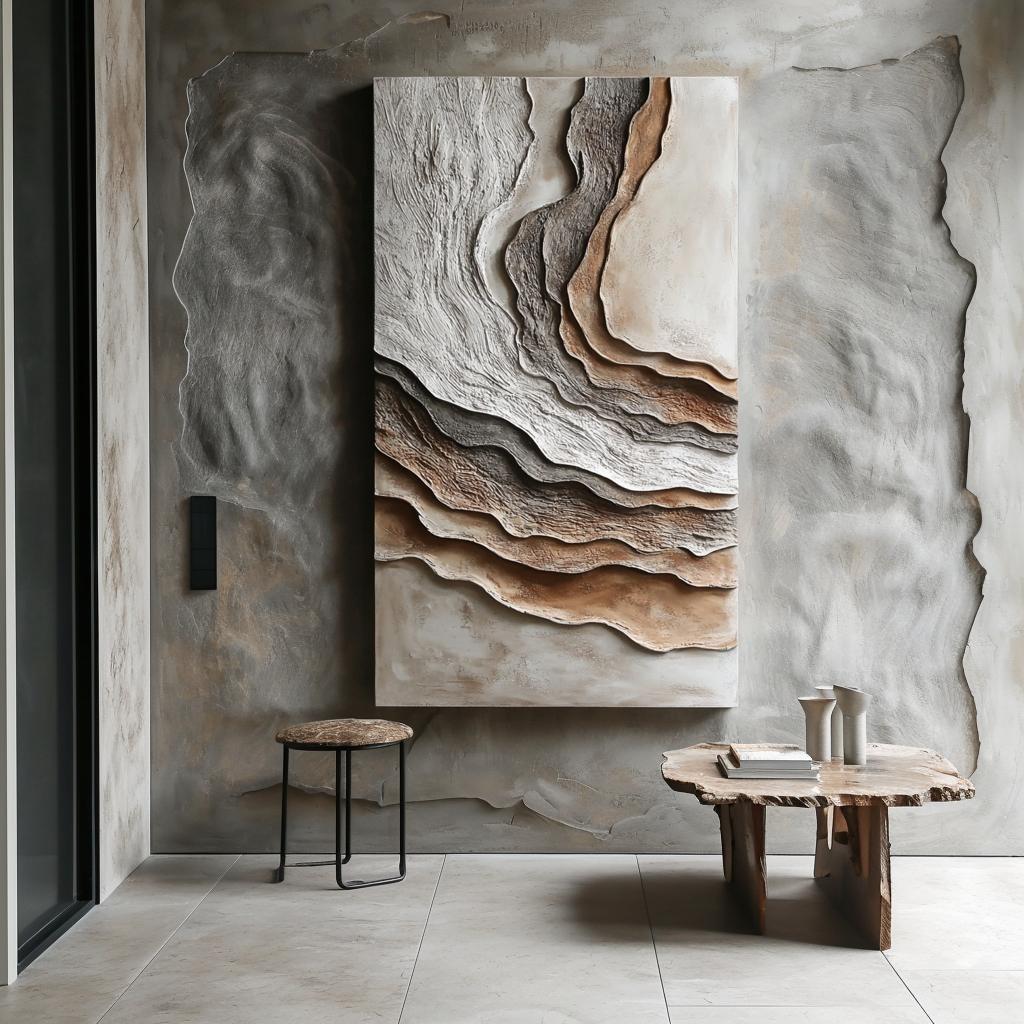 Vertical textured abstract wall art with layered earth-inspired canyon shapes in neutral tones.