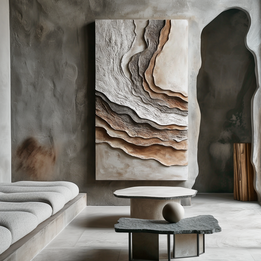 Vertical textured abstract wall art with layered earth-inspired canyon shapes in neutral tones.