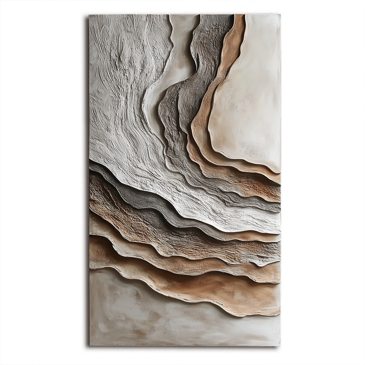Vertical textured abstract wall art with layered earth-inspired canyon shapes in neutral tones.