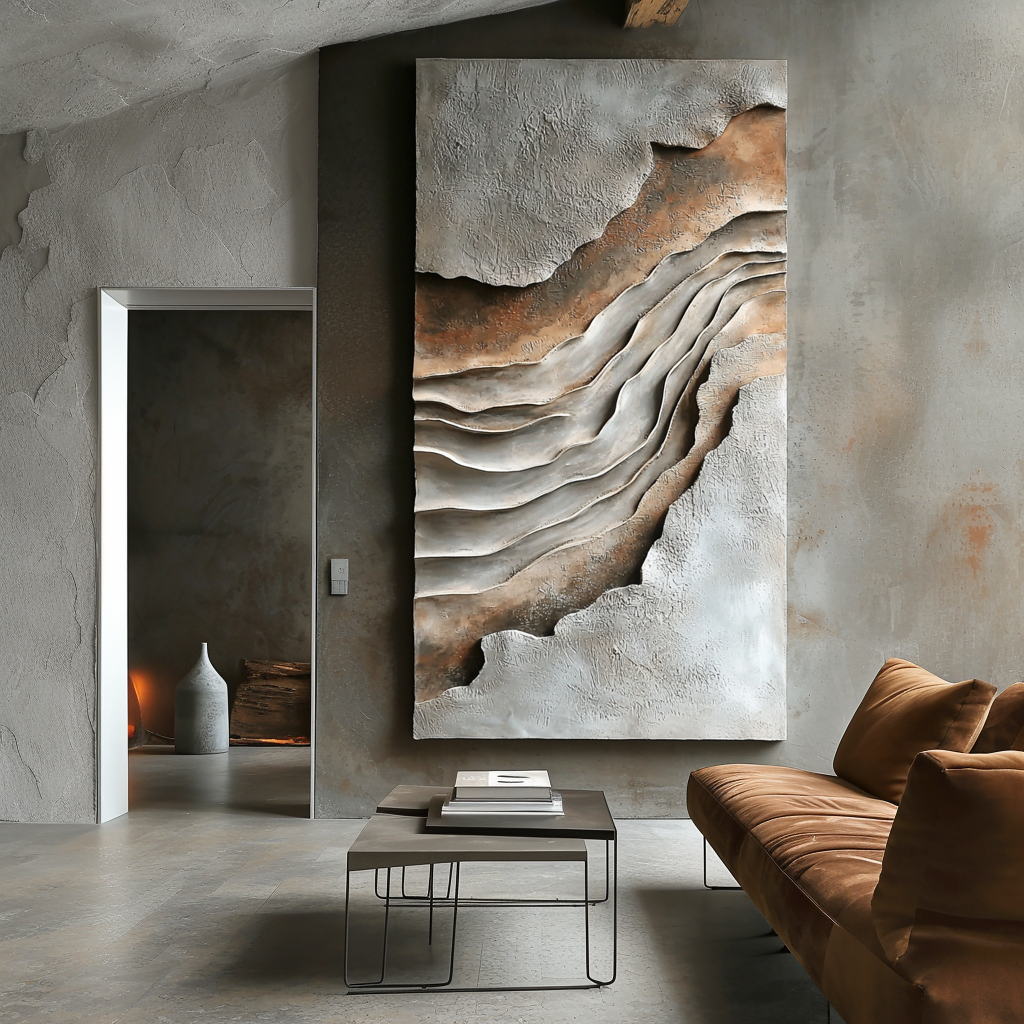Vertical neutral earth-tone textured abstract art with layered canyon-like wave shapes.