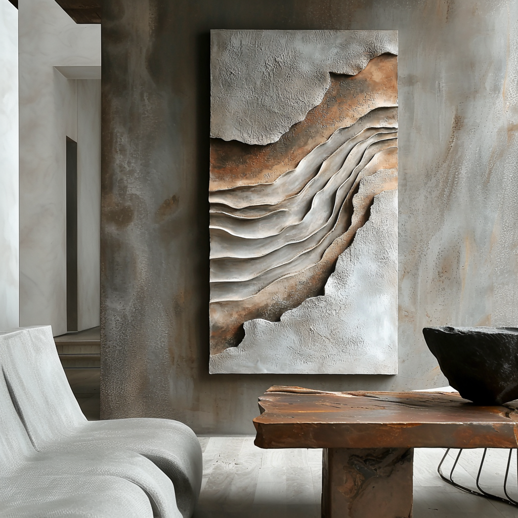 Vertical neutral earth-tone textured abstract art with layered canyon-like wave shapes.