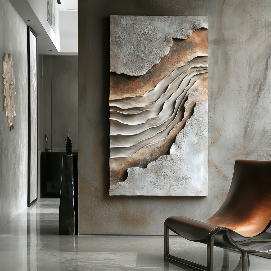 Vertical neutral earth-tone textured abstract art with layered canyon-like wave shapes.